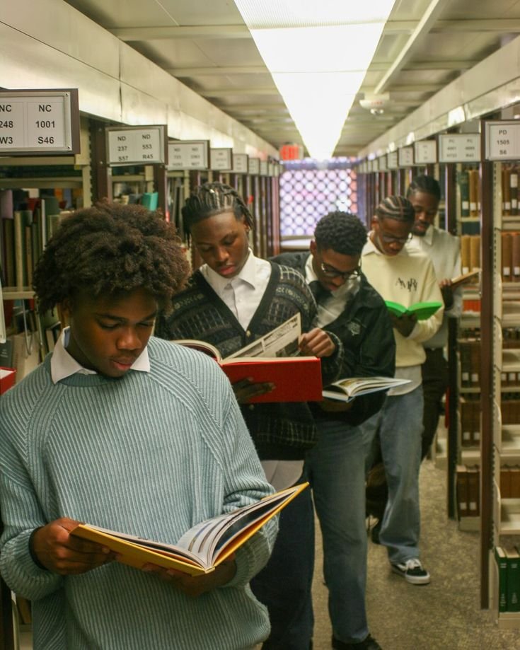 Young readers browsing books in library stacks